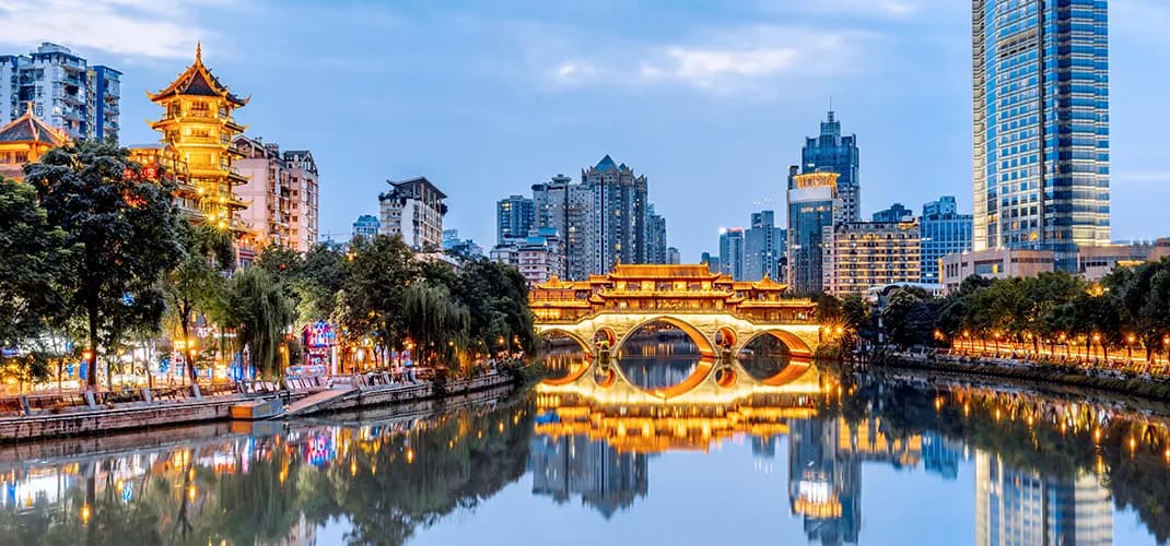 Anshun Bridge and Urban Skyline, Chengdu, China